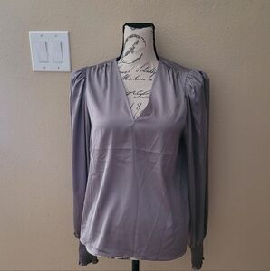 Express Satin Gray  Blouse with V-Neck